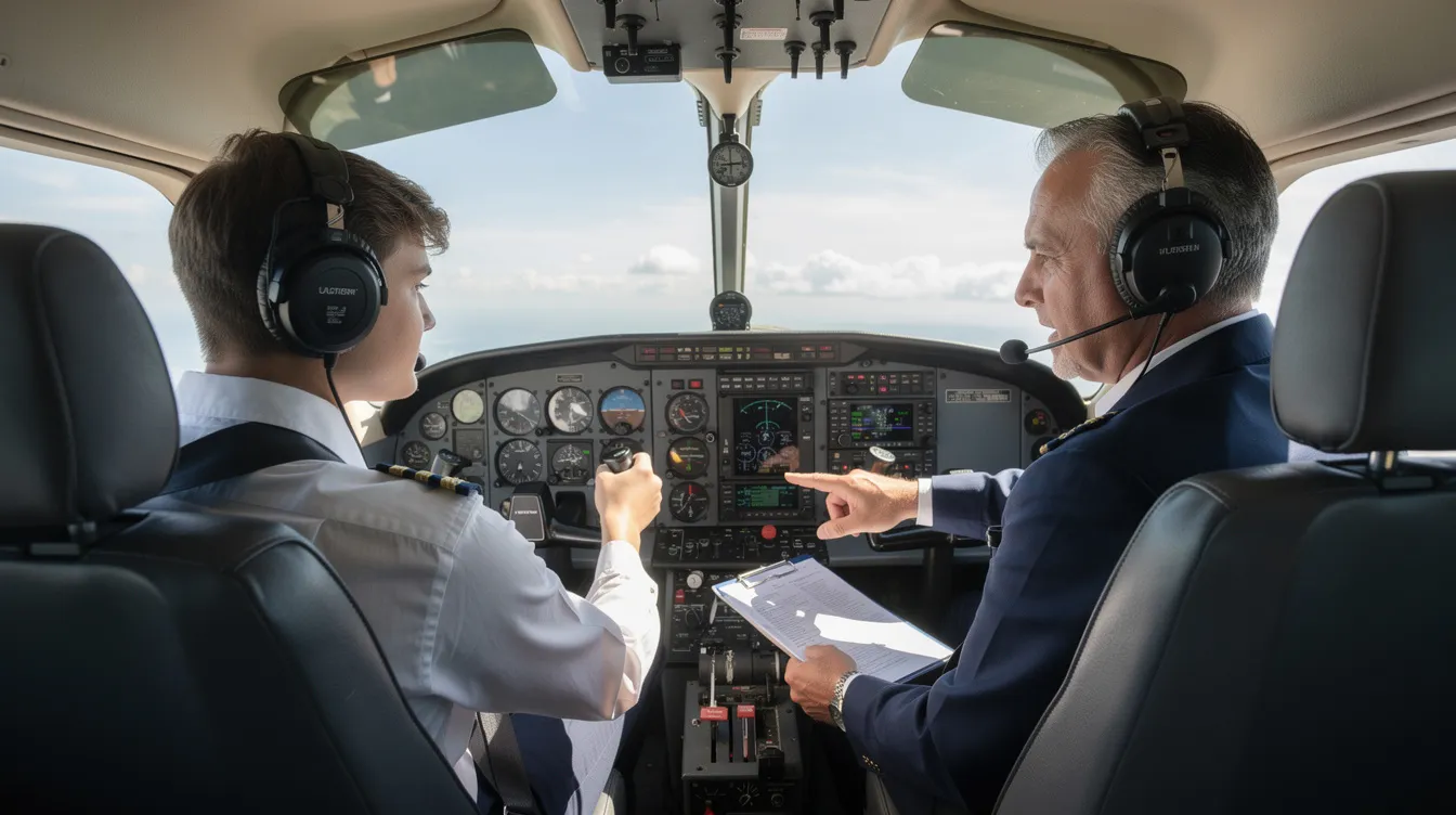 The image shows a student pilot and a certified flight instructor seated in the cockpit of a small airplane, engaged in flight training. They are focused on the controls and instruments, highlighting the importance of hands-on experience in obtaining a private pilot license.