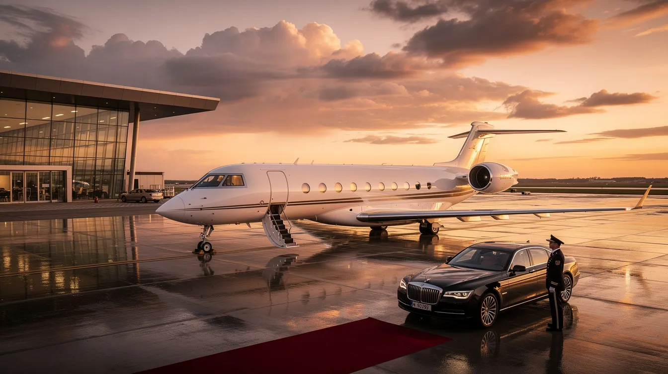 A luxurious private jet birthday party is set up with custom décor and gourmet catering, creating an unforgettable atmosphere for family and friends. The spacious cabin is ready to welcome guests for a stress-free experience as they celebrate this special occasion in style.