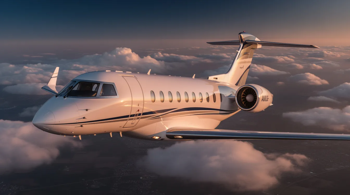The image features a sleek luxury private jet with a spacious cabin designed for ultimate passenger comfort. Inside, the luxurious interiors include personalized spaces, advanced entertainment systems, and multiple living spaces, making it an ideal choice for discerning travelers on long haul flights.