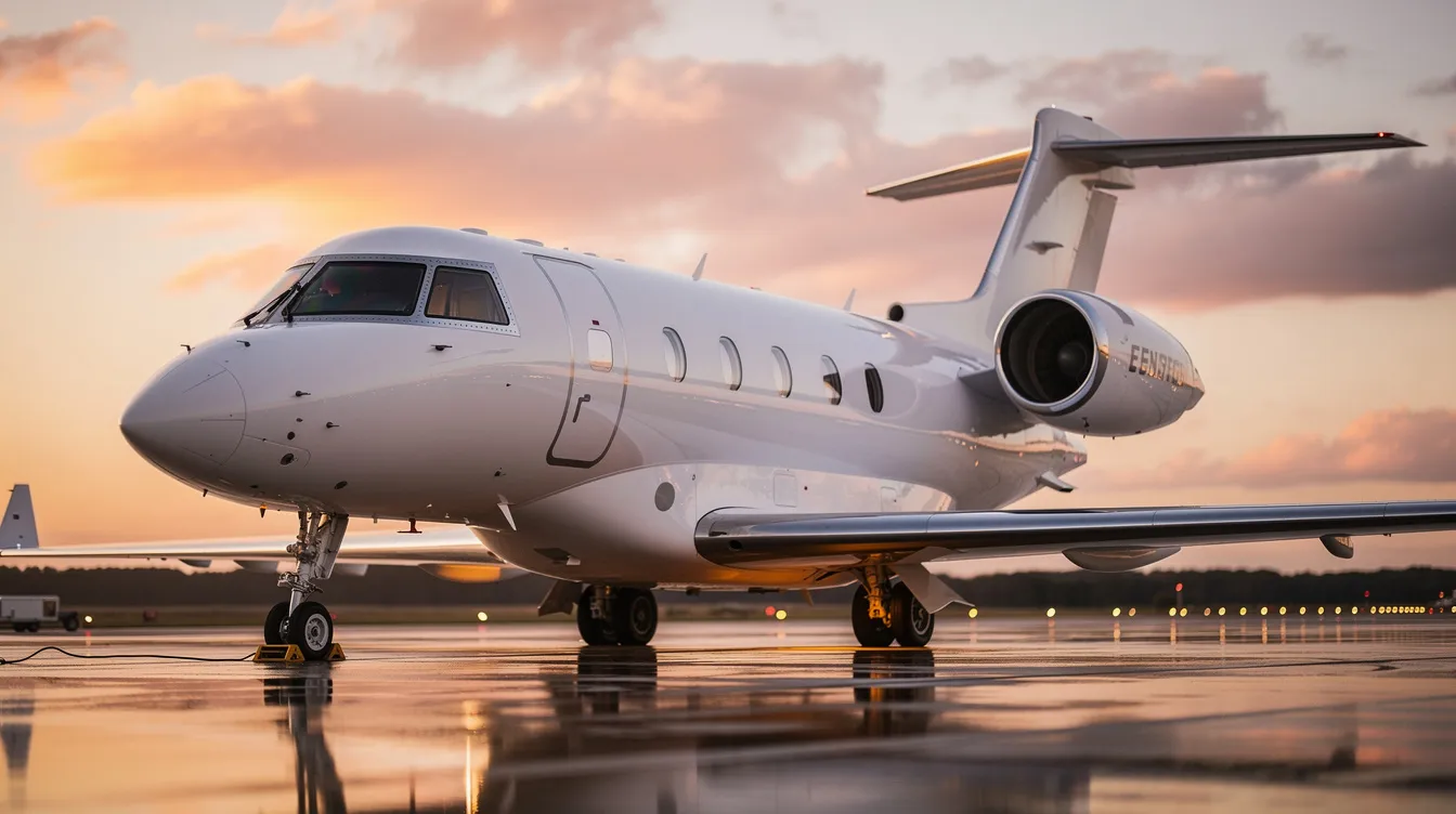 The image features a sleek private jet parked on a runway, showcasing its modern design and polished exterior, representing the true value of luxury aircraft. This perfect aircraft is part of the latest market trends, appealing to buyers interested in private jets and piston aircraft for sale.