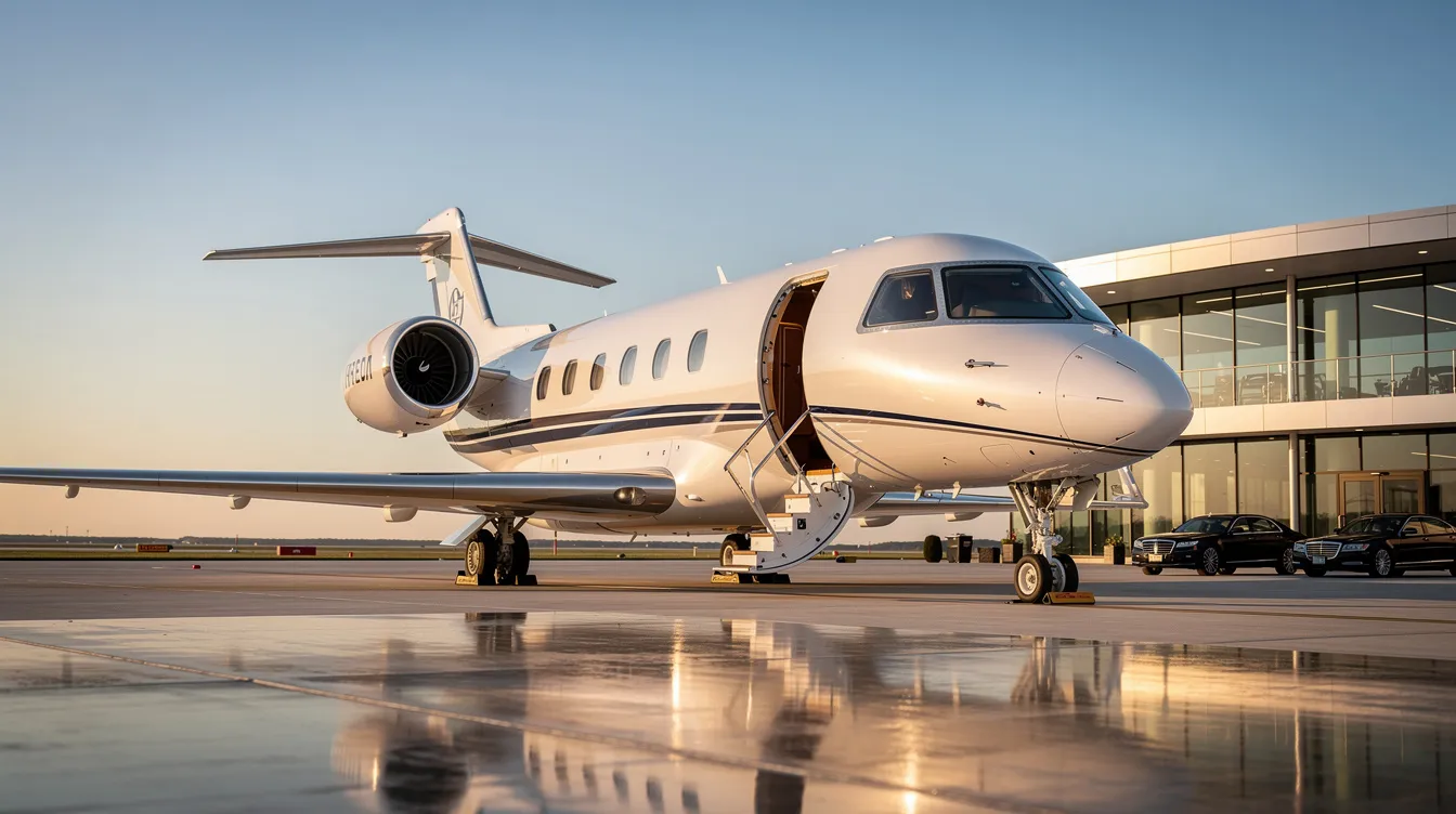 The image showcases a luxurious private jet, emphasizing the comfort and elegance of private aviation. This aircraft represents the high-quality private jet charter services available for travelers seeking personalized journeys to various destinations around the world.