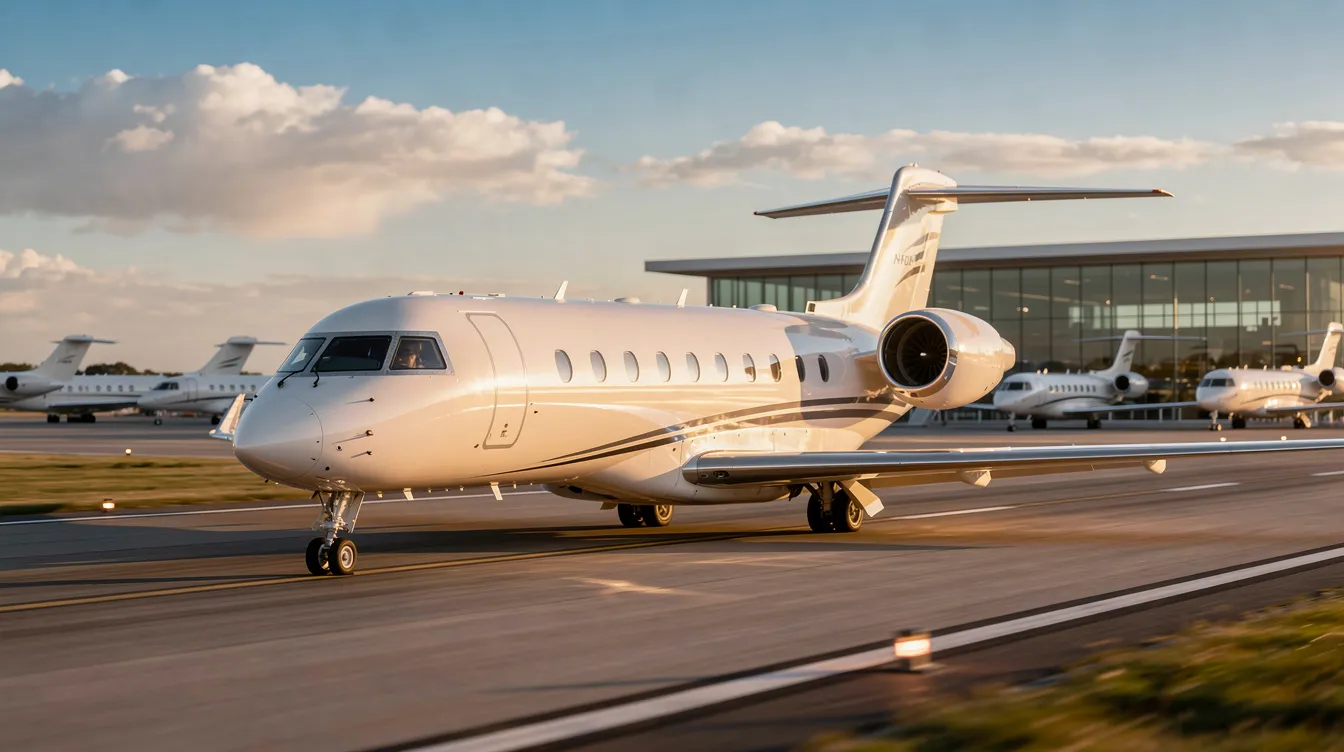 The image showcases a sleek private jet parked on a tarmac, representing the luxury and convenience of private aviation. This private jet is part of a charter fleet, highlighting the benefits of private jet charter services for travelers seeking tailored air travel solutions.