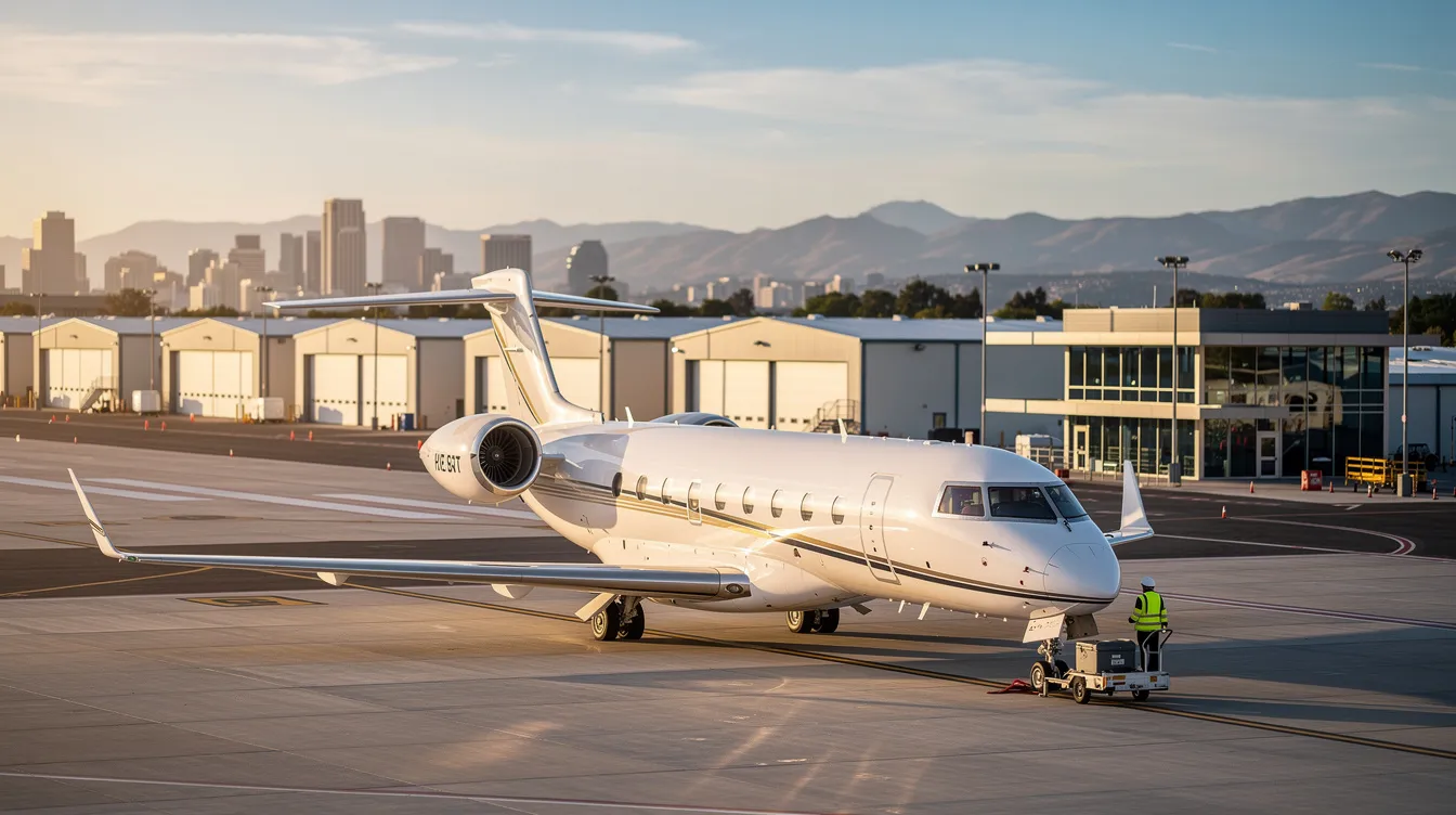 The image showcases a sleek private jet parked on a tarmac, representing the luxury and convenience of private aviation. This private jet is part of a charter fleet, highlighting the benefits of private jet charter services for travelers seeking tailored air travel solutions.