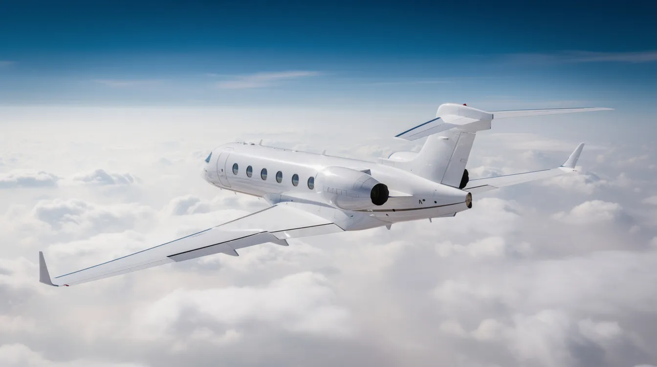 A modern Gulfstream business jet is soaring high above a sea of fluffy white clouds, showcasing the elegance and capability of aviation. This image captures the essence of luxury travel, often associated with flexible schedules and the growth opportunities available to pilots in companies like Flexjet.