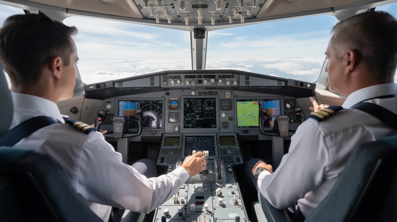 The image shows a business jet cockpit with two pilots actively engaged in flight operations, highlighting the teamwork and precision required in aviation. Their professional attire and focused expressions reflect the high level of responsibility associated with their roles, as they navigate the aircraft and manage its systems during the flight.