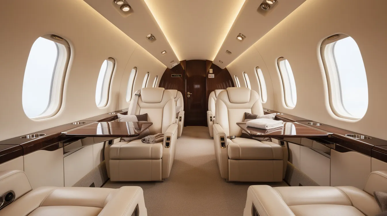 The image showcases a luxurious private jet cabin interior, featuring plush leather seating and elegant design elements that reflect the high standards of aviation excellence. This opulent space is designed for comfort and style, catering to the needs of pilots and flight crews during their journeys.