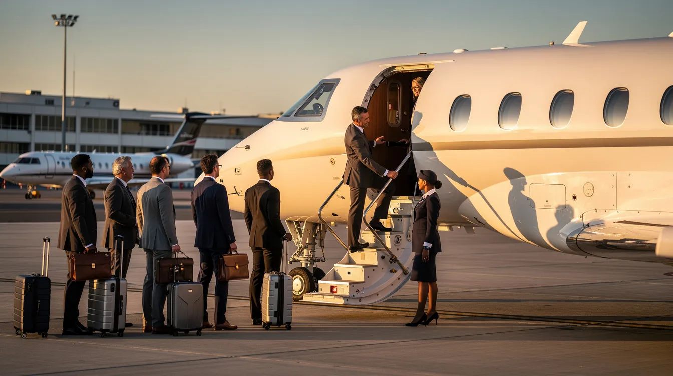 A group of business travelers is boarding a Bombardier Learjet 75 on the tarmac, ready for their flight. The private jet, known for its improved avionics and fuel efficiency, features a spacious cabin with six seats and two fold-down ottomans, ideal for comfort during the journey.