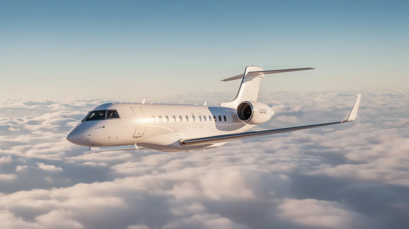 A sleek white Bombardier Learjet 75 business jet is soaring above the clouds, showcasing its distinctive canted winglets. The aircraft is designed for optimal fuel efficiency and high-speed cruise, making it an ideal choice for business travel.