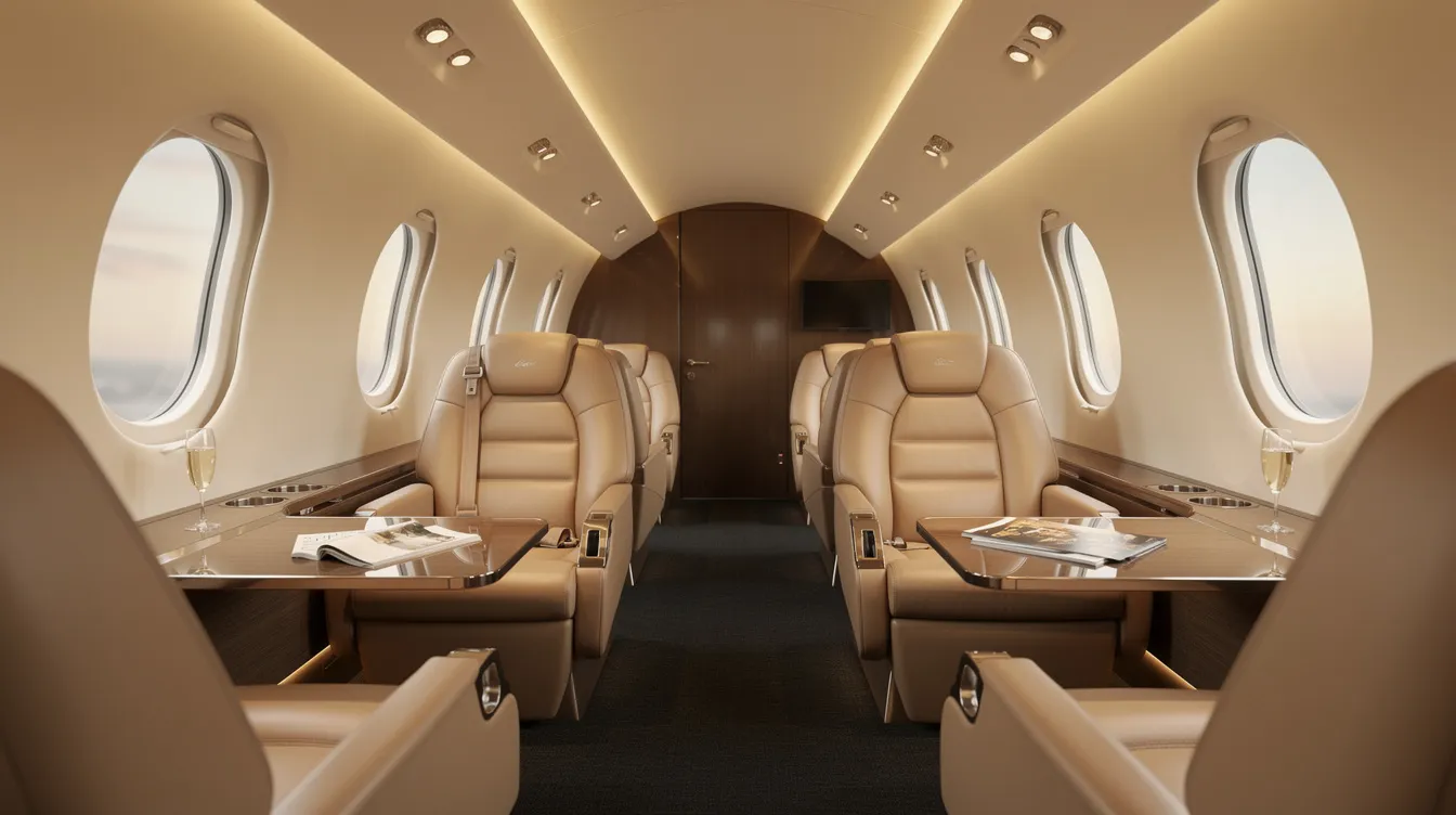 The image depicts a luxurious private jet cabin featuring plush leather seats and soft ambient lighting, creating an inviting atmosphere for travelers. This elegant interior exemplifies the comfort and style associated with private aviation and private jet charters.