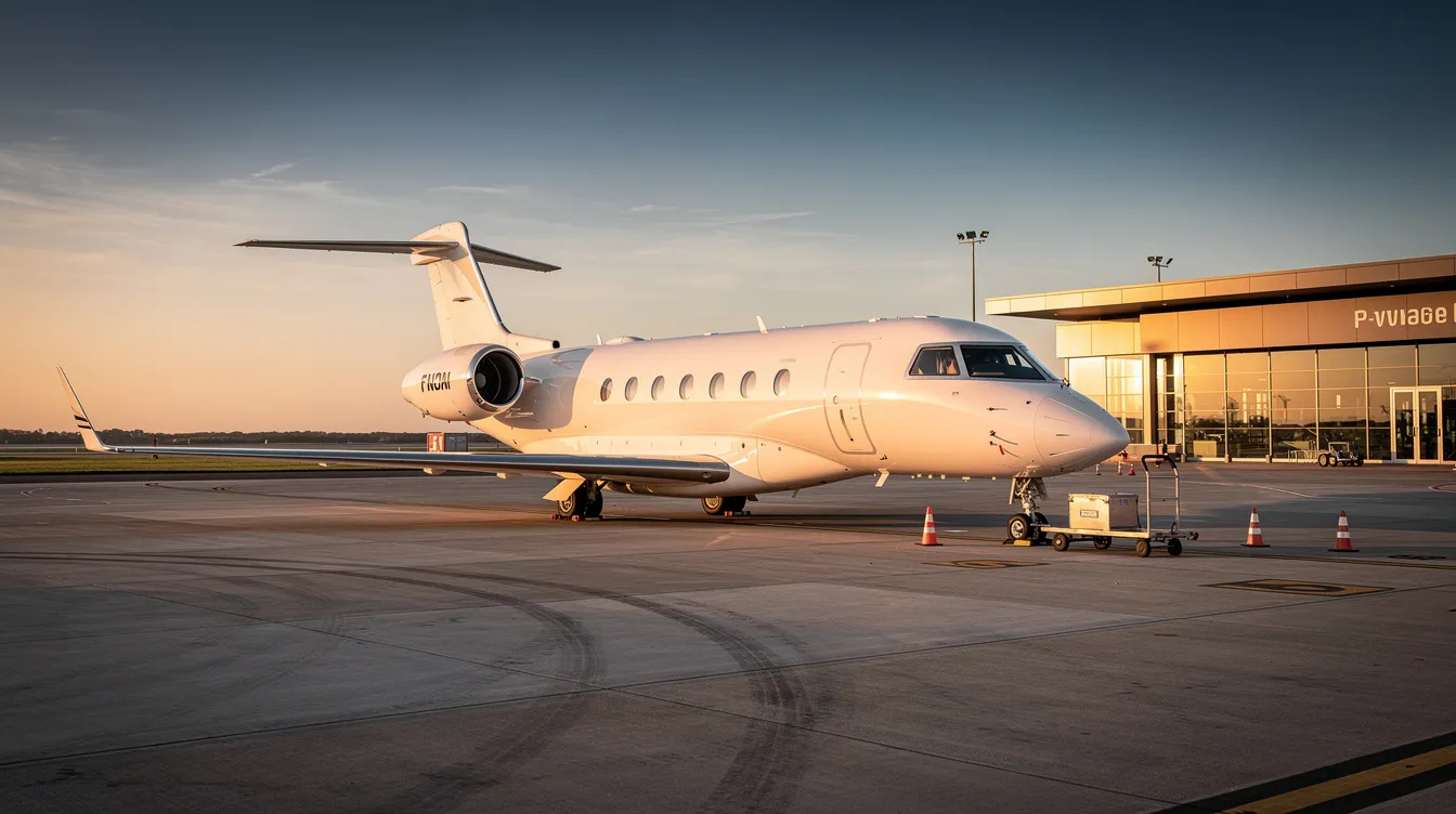 A sleek private jet is parked on the tarmac at a private terminal, bathed in the warm glow of golden hour. This scene captures the essence of private aviation, highlighting the luxury and convenience of private jet travel with companies like XO Global LLC.