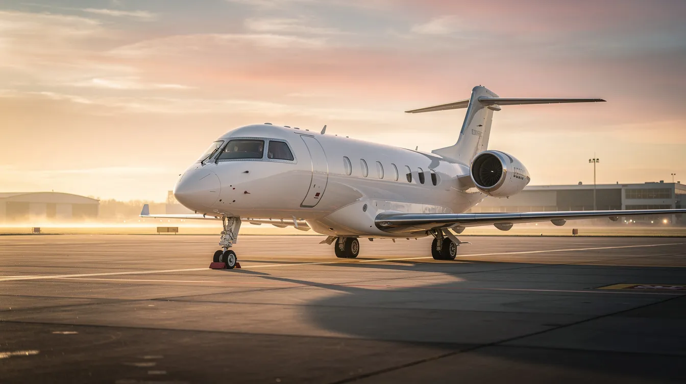 A private jet is parked on the tarmac at Vienna International Airport during sunrise, casting a warm glow over the scene. This exclusive terminal serves as an ideal hub for private jet charters to major European cities, showcasing Vienna's rich history and central location in Austria.