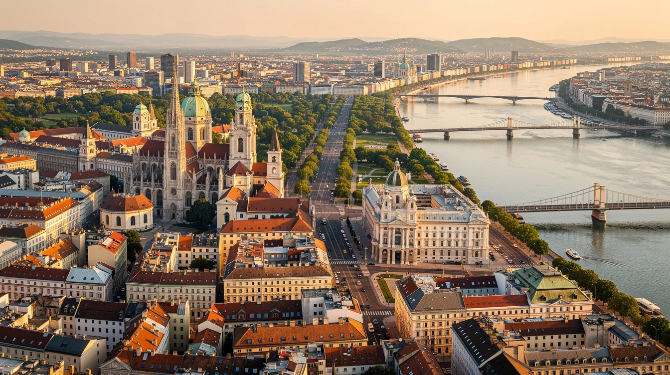 An aerial view of Vienna showcases the city's rich history and stunning architecture, with the iconic Danube River flowing through the landscape. This beautiful city, a UNESCO World Heritage site, is known for its central location in Europe and serves as an ideal hub for private jet charters and flights.