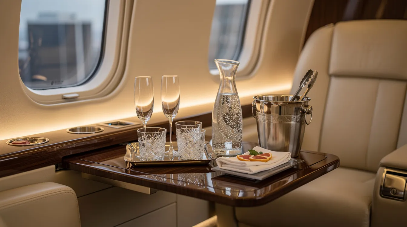 The image showcases an elegant beverage service setup aboard a private jet, featuring exquisite crystal glassware and silver cutlery arranged meticulously for the in-flight dining experience. This luxurious setup highlights the attention to detail that enhances the culinary preferences of private jet passengers during their travels.