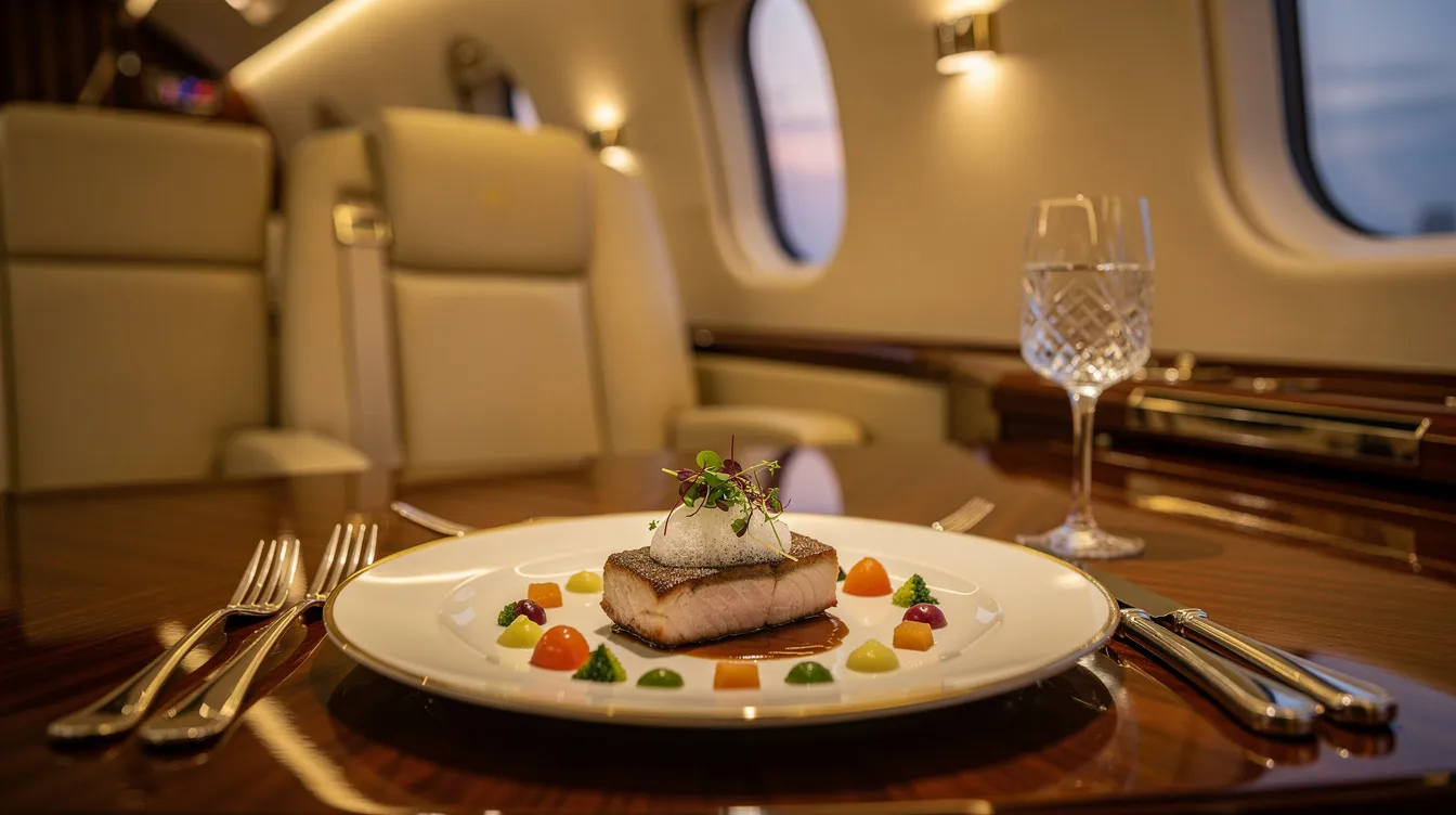 A beautifully plated gourmet meal featuring filet mignon and fresh vegetables is elegantly arranged on fine china, illuminated by warm ambient lighting inside a private jet. This luxurious in-flight dining experience showcases the careful attention to detail and culinary preferences tailored for private jet passengers.