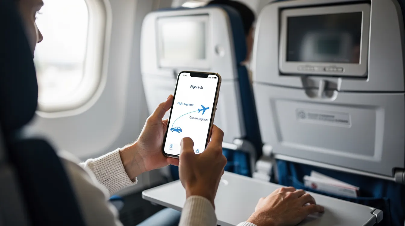 A person is using a smartphone app in the cabin of a private jet, displaying flight and ground segments, highlighting the seamless integration of private aviation and luxury ground transportation. The app offers customized trip notifications, ensuring a premium travel experience for passengers as they prepare for their journey.