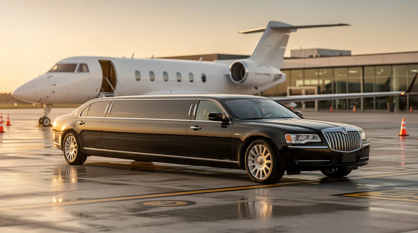 An executive limousine is parked beside a private jet on the tarmac of an FBO, showcasing the luxury and convenience of private aviation. Professional chauffeurs stand ready to assist passengers, ensuring a seamless and unparalleled travel experience.