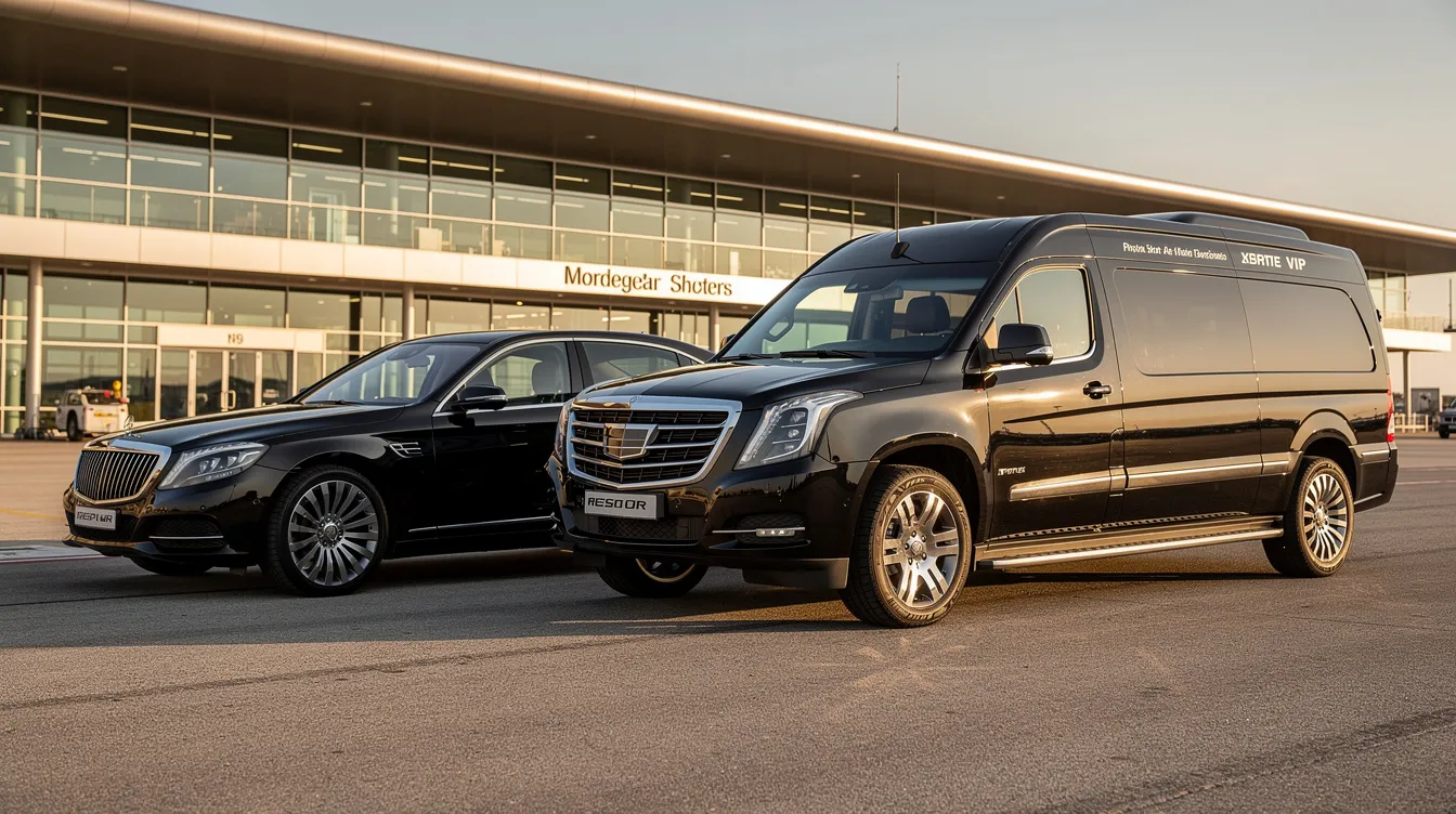 A row of sleek black luxury vehicles, including a sedan, SUV, and Sprinter van, is parked at a private terminal, ready to provide ground transportation for passengers arriving via private jet. The professional chauffeurs stand by, ensuring a seamless and premium travel experience for clients in the private aviation industry.