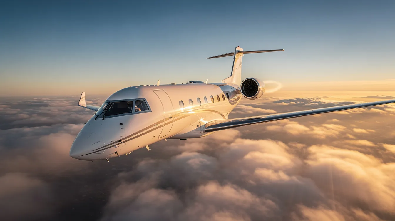 The image depicts a sleek private jet, showcasing the luxury and sophistication associated with private aviation. This aircraft is part of a private aviation company, offering clients curated experiences and access to exclusive flights around the world.