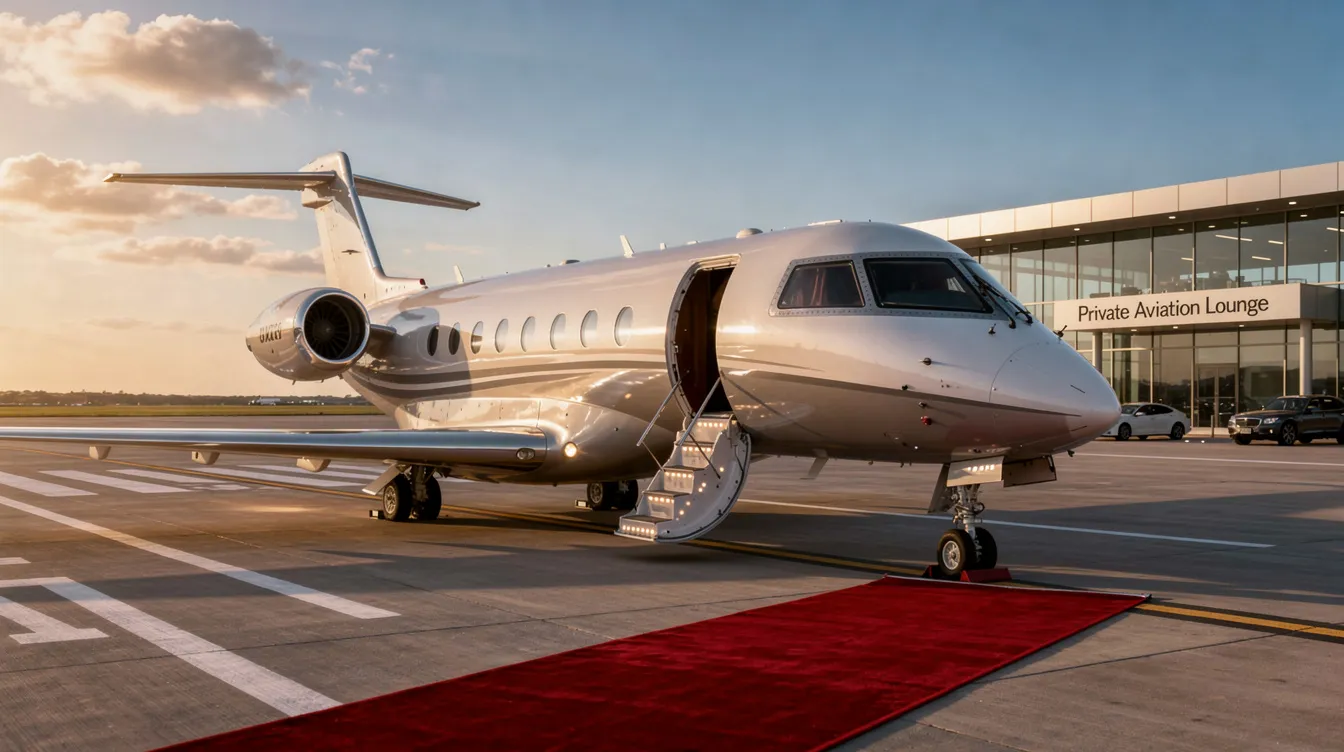 The image depicts a luxurious private jet, showcasing the elegance and comfort of private aviation. This private aviation company offers curated experiences for clients, ensuring safety standards are met while providing access to upcoming flights and exclusive trips around the world.