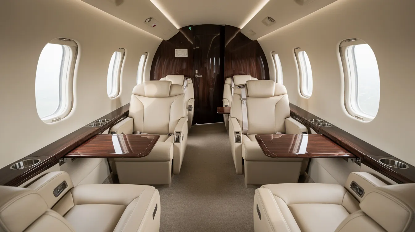 The image showcases the luxurious leather interior of a business jet cabin, featuring wide, comfortable seats and elegant polished wood accents, ideal for flying passengers in style. This interior exemplifies the high-end quality often found in private jets, such as Gulfstream aircraft, perfect for those considering jets for sale in the preowned market.