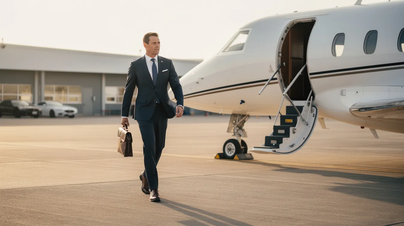 A business executive in a tailored suit confidently walks toward the steps of a sleek private jet at an executive airport, highlighting the luxury and convenience of flying in business jets like Gulfstream aircraft. The scene captures the essence of private travel, emphasizing the benefits of owning such an aircraft for efficient business operations.
