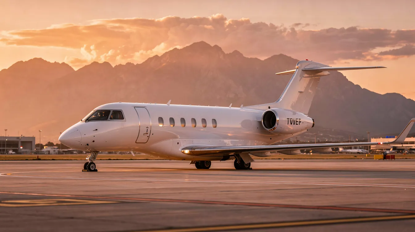 A sleek white private jet is parked on the tarmac at sunset, with majestic mountains in the background. This luxurious business jet, perfect for flying passengers, showcases the elegance and flexibility of owning a private aircraft.