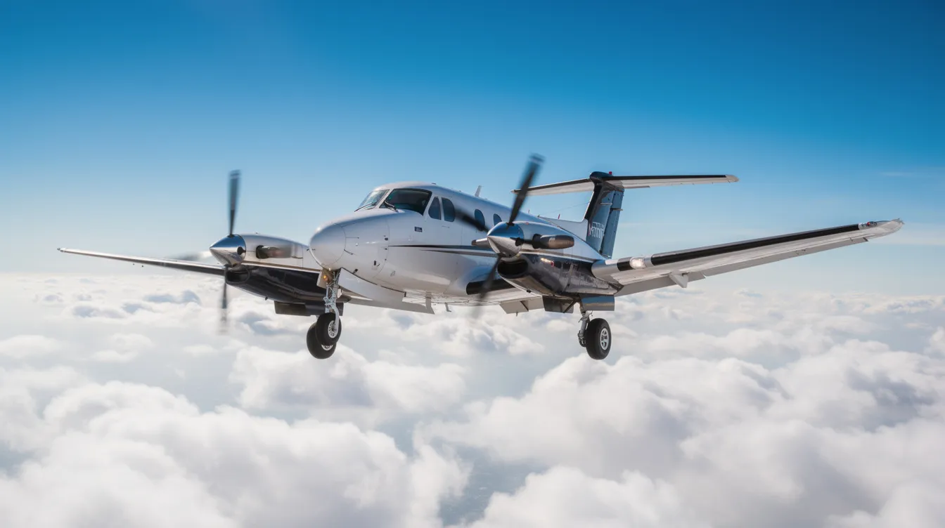A Beechcraft King Air turboprop aircraft is soaring above fluffy white clouds against a bright blue sky, showcasing its sleek design ideal for business trips. This midsize jet combines performance and efficiency, making it a popular choice for private flights.
