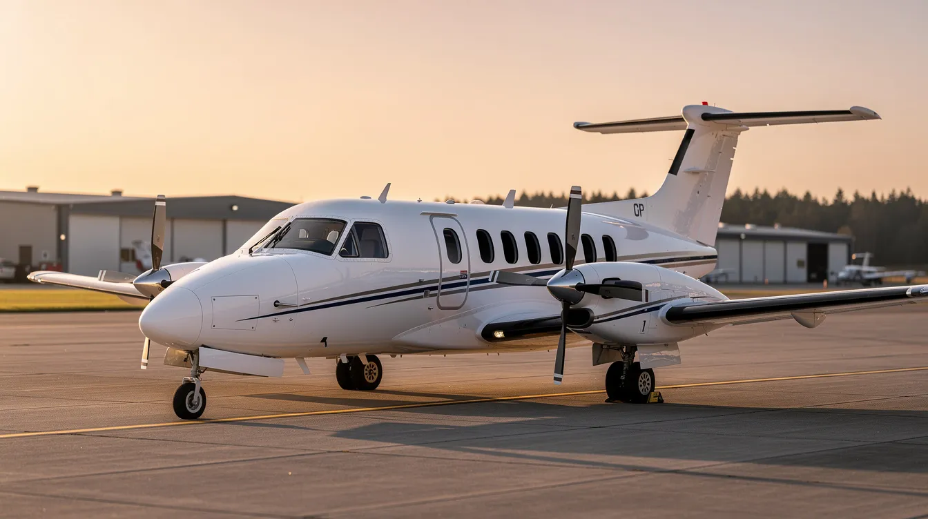 The image showcases an 8-seater aircraft, specifically a Beechcraft King Air, designed for private jet travel. This midsize jet features a sleek exterior and spacious cabin, ideal for business trips, with advanced technology and air conditioning for passenger comfort.