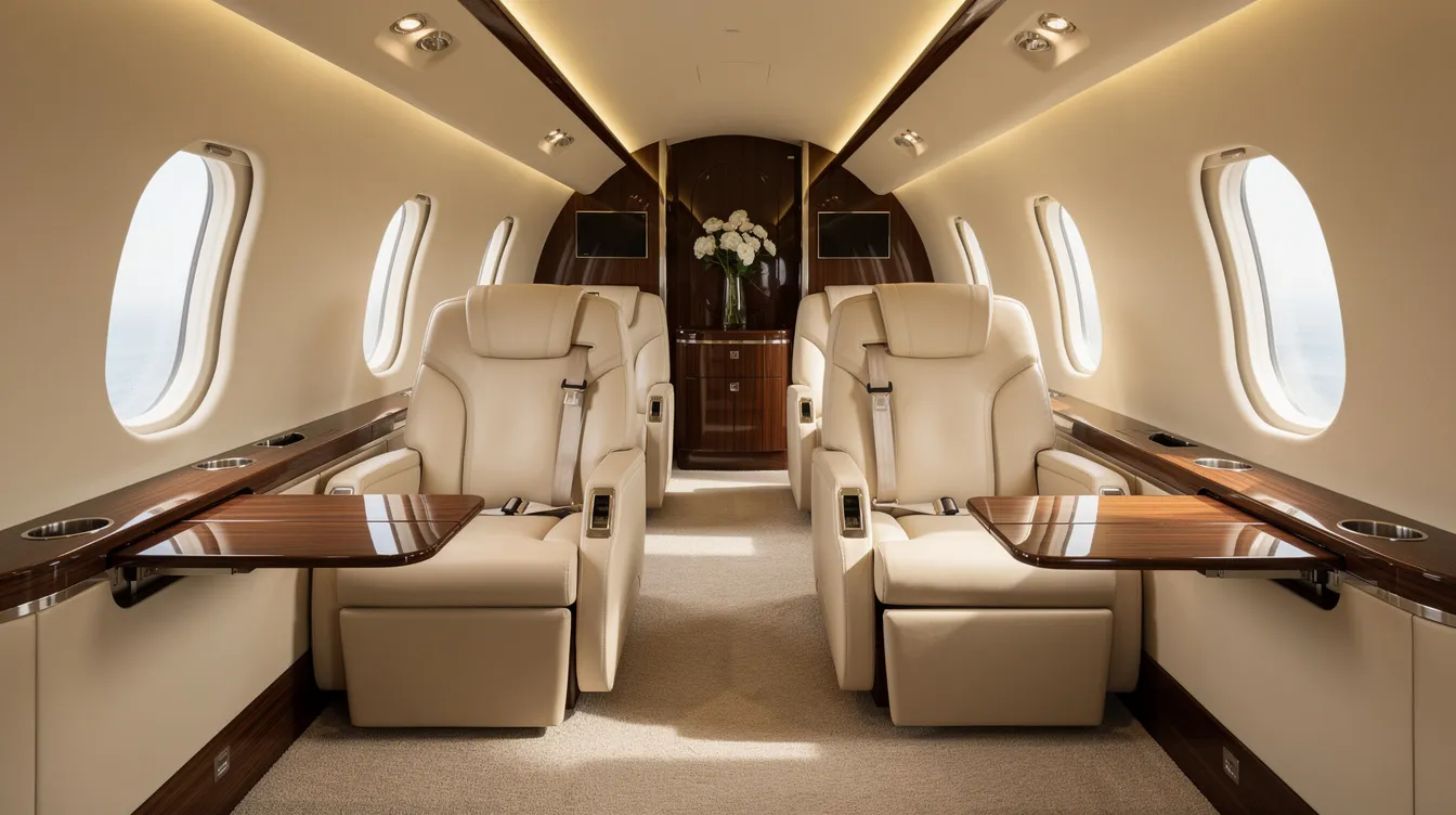 The image depicts the interior of a luxurious private jet cabin, featuring plush cream leather seats and elegant wooden accents, designed for comfort during business trips. This sophisticated space is ideal for passengers seeking a perfect blend of style and functionality in their aircraft experience.