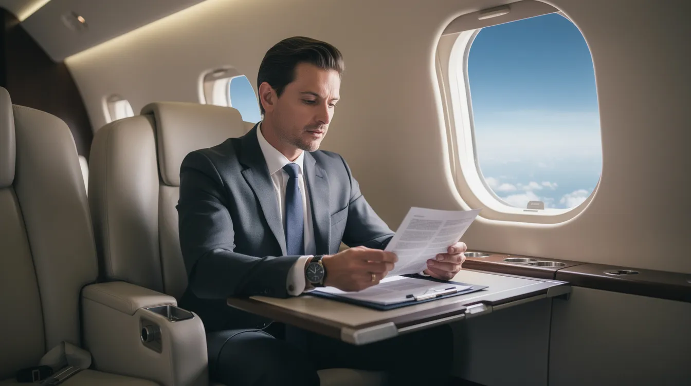 A business executive is seated in a modern jet cabin, reviewing documents with a scenic window view of the sky. This private jet offers a luxurious environment for corporate travel, ensuring a seamless travel experience for business travelers.
