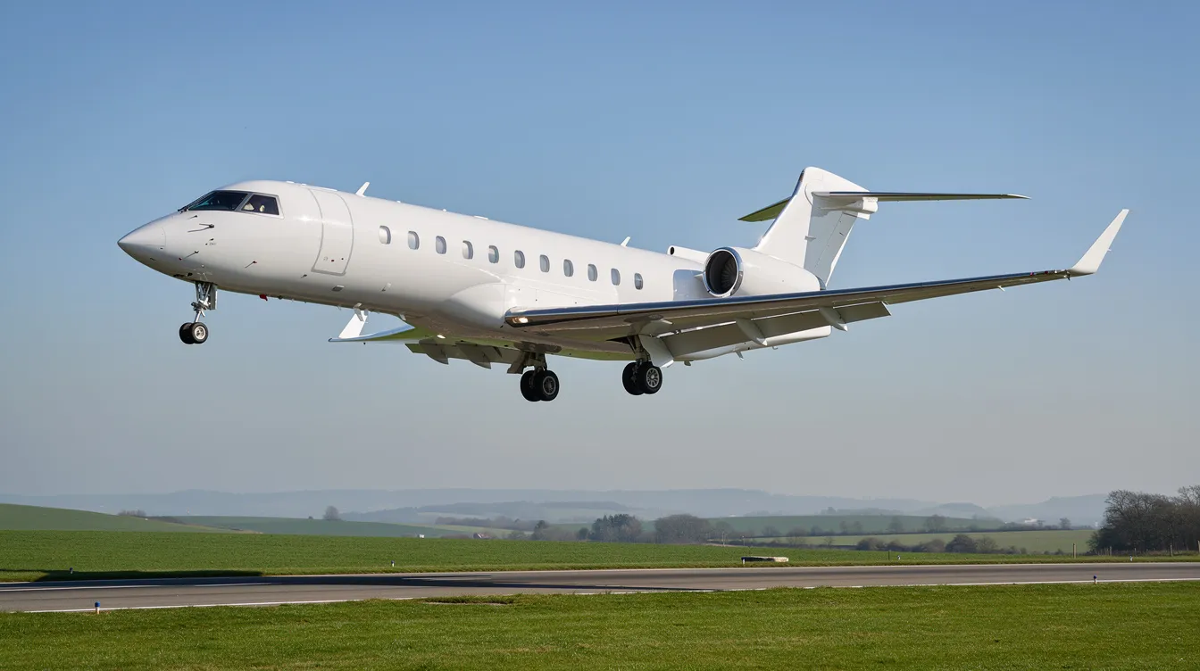 A private jet is taking off against a clear blue sky, with a lush green landscape visible below, showcasing the elegance of private aviation and the convenience of private jet travel for business travelers and leisure seekers alike. This scene highlights the seamless travel experience and personalized service that comes with private jet charter options.