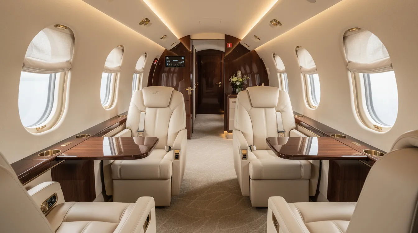 The image depicts the luxurious interior of a private jet, featuring cream leather seats and elegant wood finishes, designed to provide a comfortable and sophisticated travel experience for business travelers. This premium aircraft exemplifies the high standards of the private jet charter industry, ensuring a seamless journey for clients seeking personalized service.