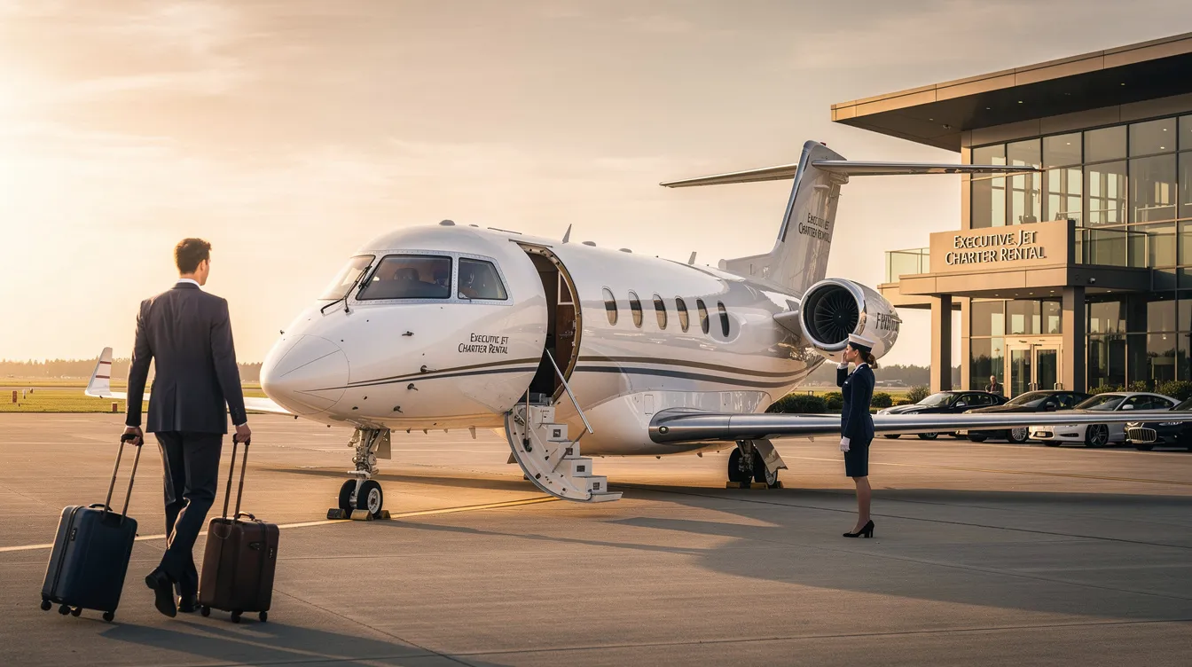 The image depicts a sleek private jet on a tarmac, highlighting the luxury and convenience of executive jet charter rental. This aircraft, designed for business travelers, represents the private aviation industry’s commitment to providing personalized service and seamless travel experiences for clients around the world.