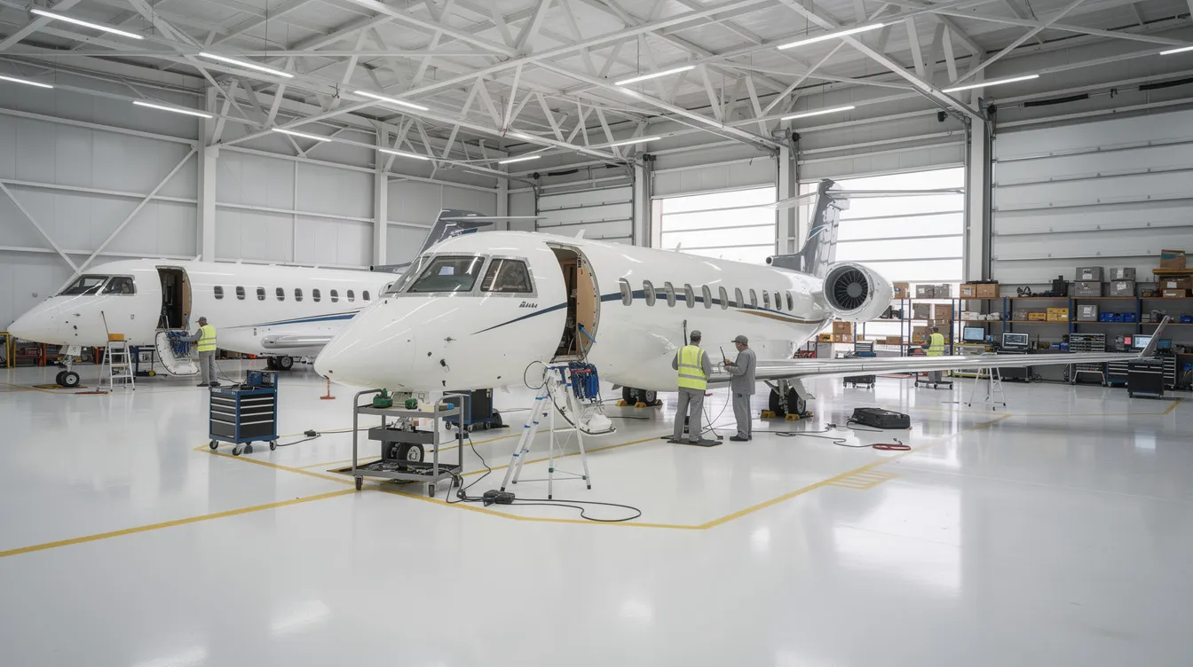 The image depicts a modern aviation maintenance hangar where multiple private jets are undergoing scheduled maintenance, with skilled technicians performing routine inspections and maintenance tasks to ensure the aircraft's reliability and optimal condition. The hangar is equipped with advanced tools and technology, highlighting the importance of proper aircraft management and preventive maintenance in private aviation.