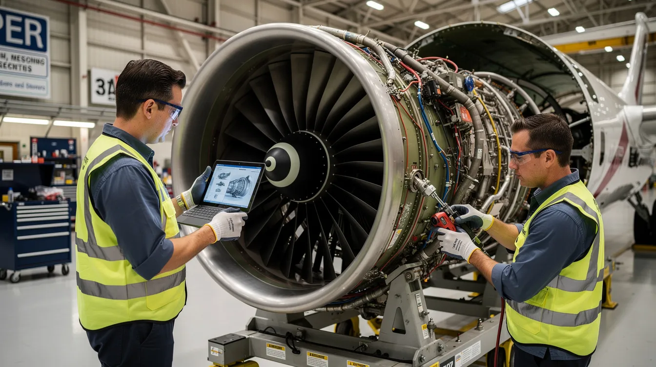 A close-up view of a jet engine being serviced by certified technicians in a maintenance facility, showcasing the meticulous work involved in private jet maintenance. The technicians are engaged in routine inspections and maintenance tasks to ensure the aircraft's reliability and peak performance.