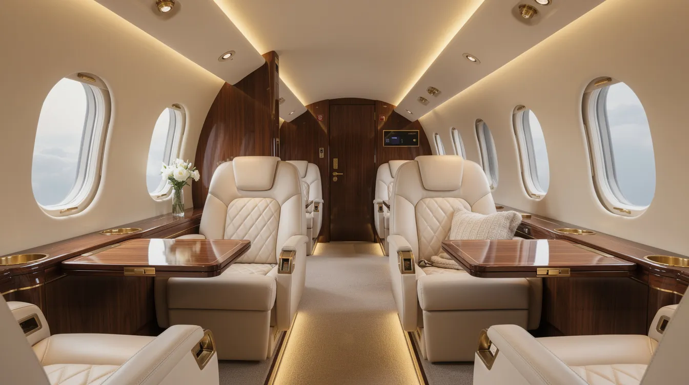 The image depicts a luxurious private jet cabin featuring plush leather seating and soft ambient lighting, creating an elegant atmosphere for passengers. This well-maintained aircraft interior exemplifies the high standards of private aviation, ensuring comfort and style during flight.