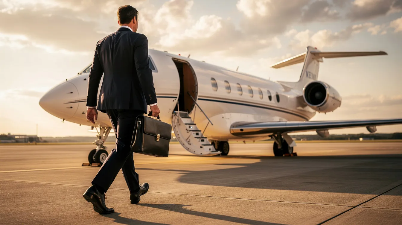 A business executive is walking towards a sleek private jet on the tarmac, holding a briefcase. The aircraft, a six-seat model, is a great example of a single engine piston aircraft, showcasing its elegant design and readiness for immediate delivery.