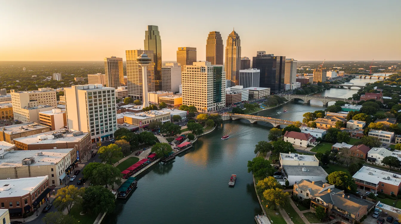 An aerial view of the San Antonio skyline showcases the vibrant downtown area, with the San Antonio River winding gracefully through the city center. The image highlights modern buildings alongside historical landmarks, reflecting the rich culture and history of San Antonio, Texas.