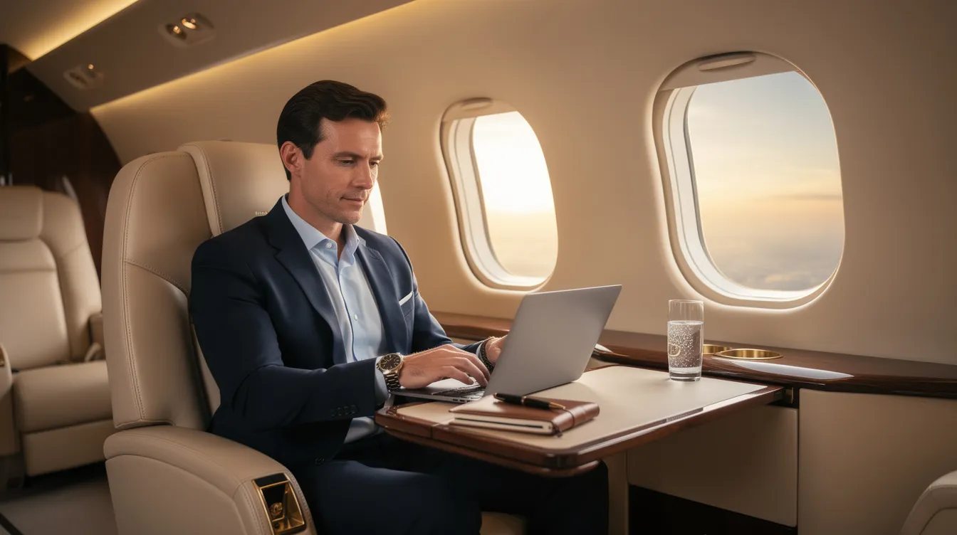 A business executive is seated in a luxurious private jet cabin, intently working on a laptop, surrounded by plush seating and elegant amenities. The image captures the essence of a professional travel experience, ideal for those visiting San Antonio or utilizing private jet charter services for their next trip.