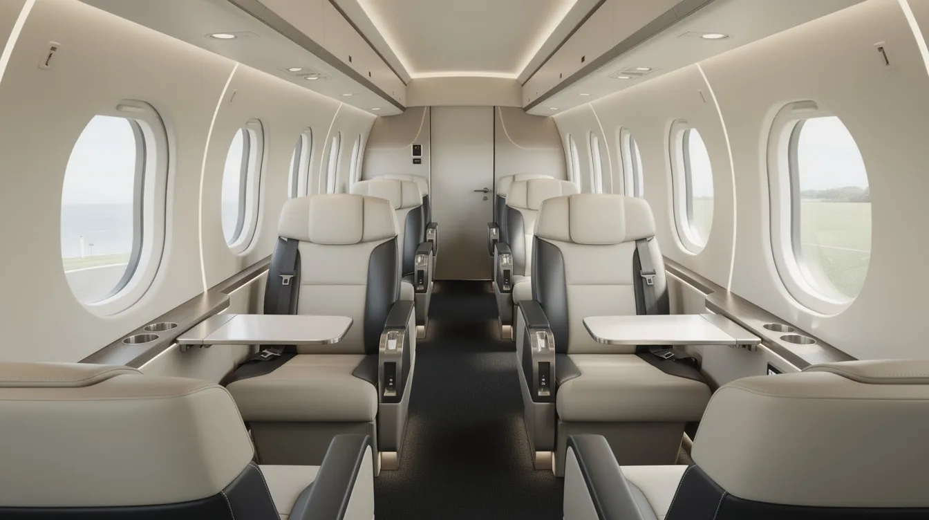 The image shows the interior of a refurbished Embraer Regional Jet 145 cabin, featuring leather seats arranged in a business configuration, designed for VIP transport. The modern layout enhances passenger comfort, making it suitable for shorter routes and corporate flights.