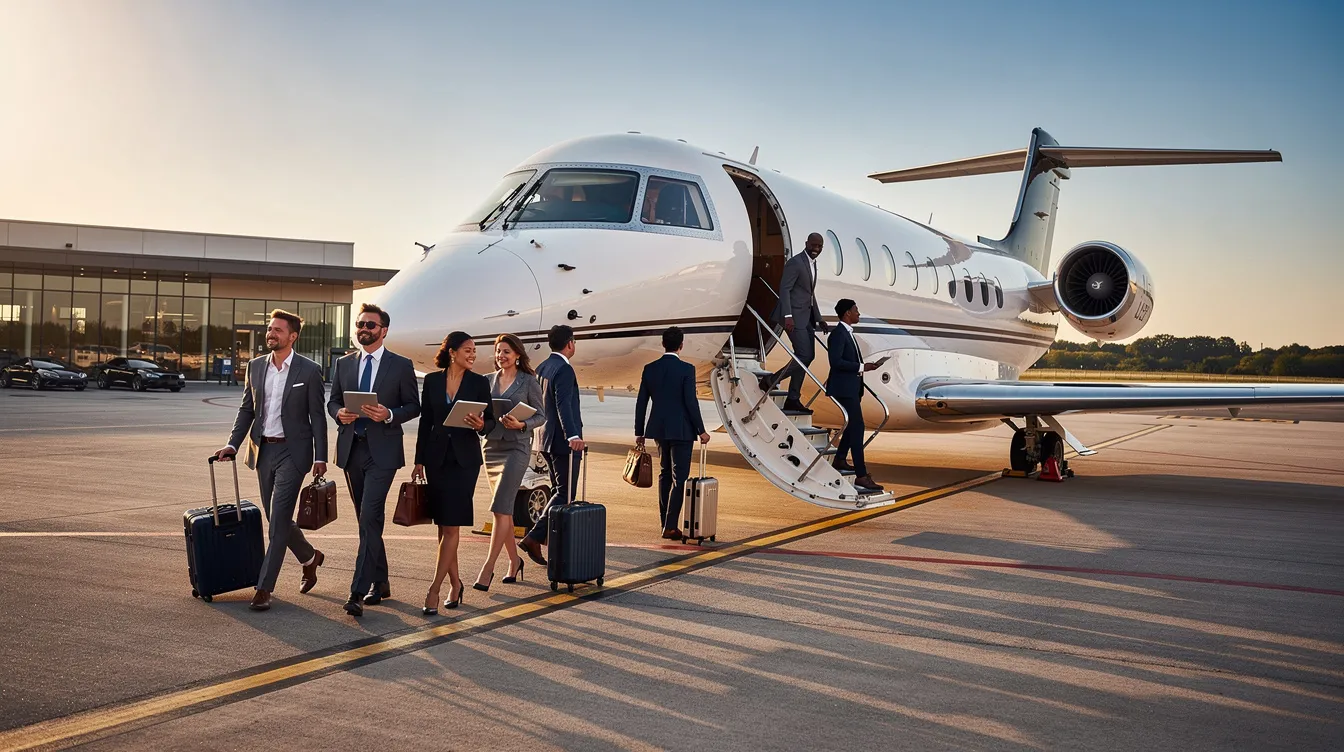 A business team of executives is boarding an Embraer regional jet 145 via airstairs at a private terminal, preparing for a flight on a private jet. The scene captures the professionalism and efficiency of VIP transport as they carry on their bags and head towards the aircraft cabin.