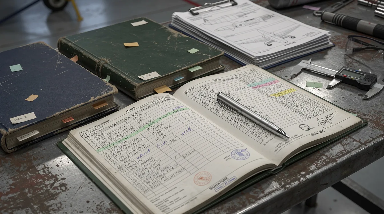 A close-up view of aircraft maintenance logbooks and technical documents is displayed on a desk, showcasing important information for aircraft owners and buyers. These documents are essential for maintaining the safety and performance of various aircraft, including piston aircraft and jets.