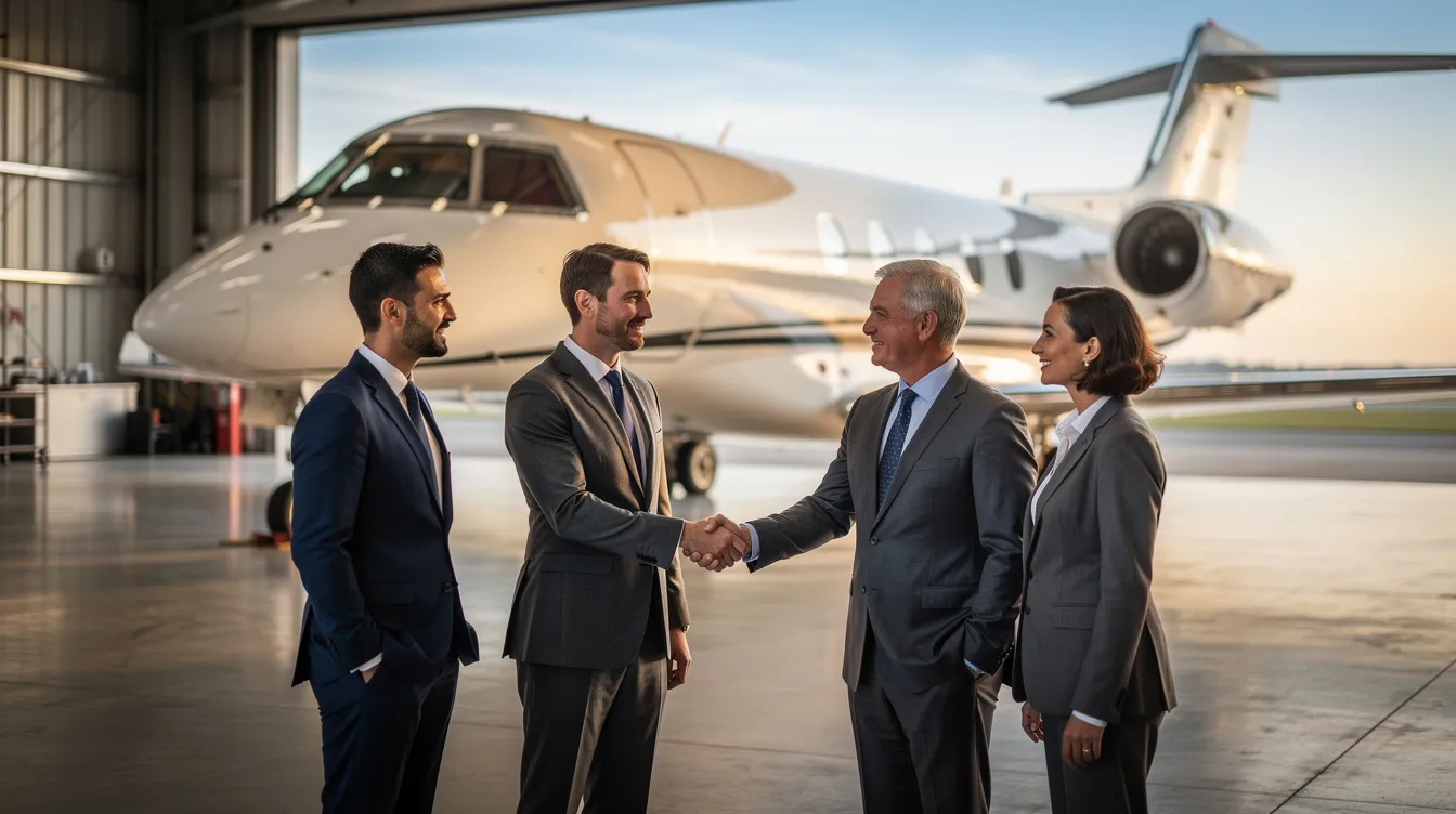 A group of business professionals is shaking hands in front of a private aircraft hangar, symbolizing a successful transaction between aircraft buyers and sellers. The scene highlights the importance of partnerships in the aviation industry, where listings for jets, helicopters, and piston aircraft are frequently exchanged.