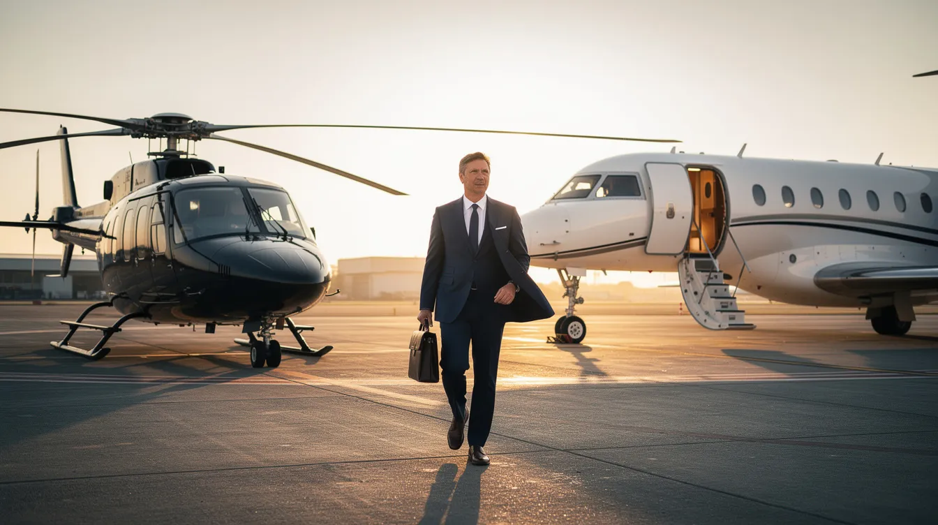 An executive is stepping out of a helicopter onto a tarmac, heading towards a waiting private jet, showcasing a luxurious travel experience. This scene highlights the convenience and efficiency of using helicopters for sale, equipped with advanced avionics and designed for hot and high performance missions.