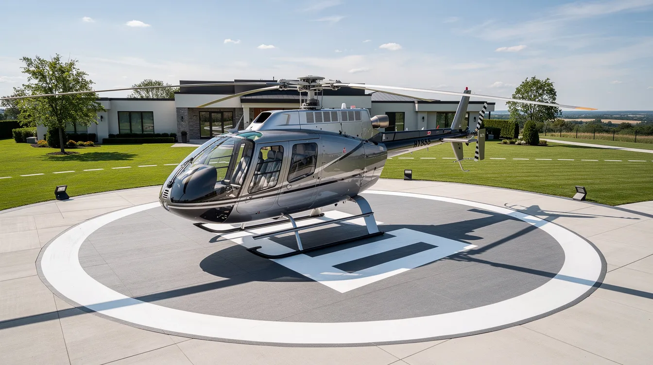 A Robinson R44 helicopter is parked on a private helipad, showcasing its sleek design and advanced avionics. This piston helicopter is known for its reliability and is often sought after in the market, making it a popular choice among customers looking for helicopters for sale.