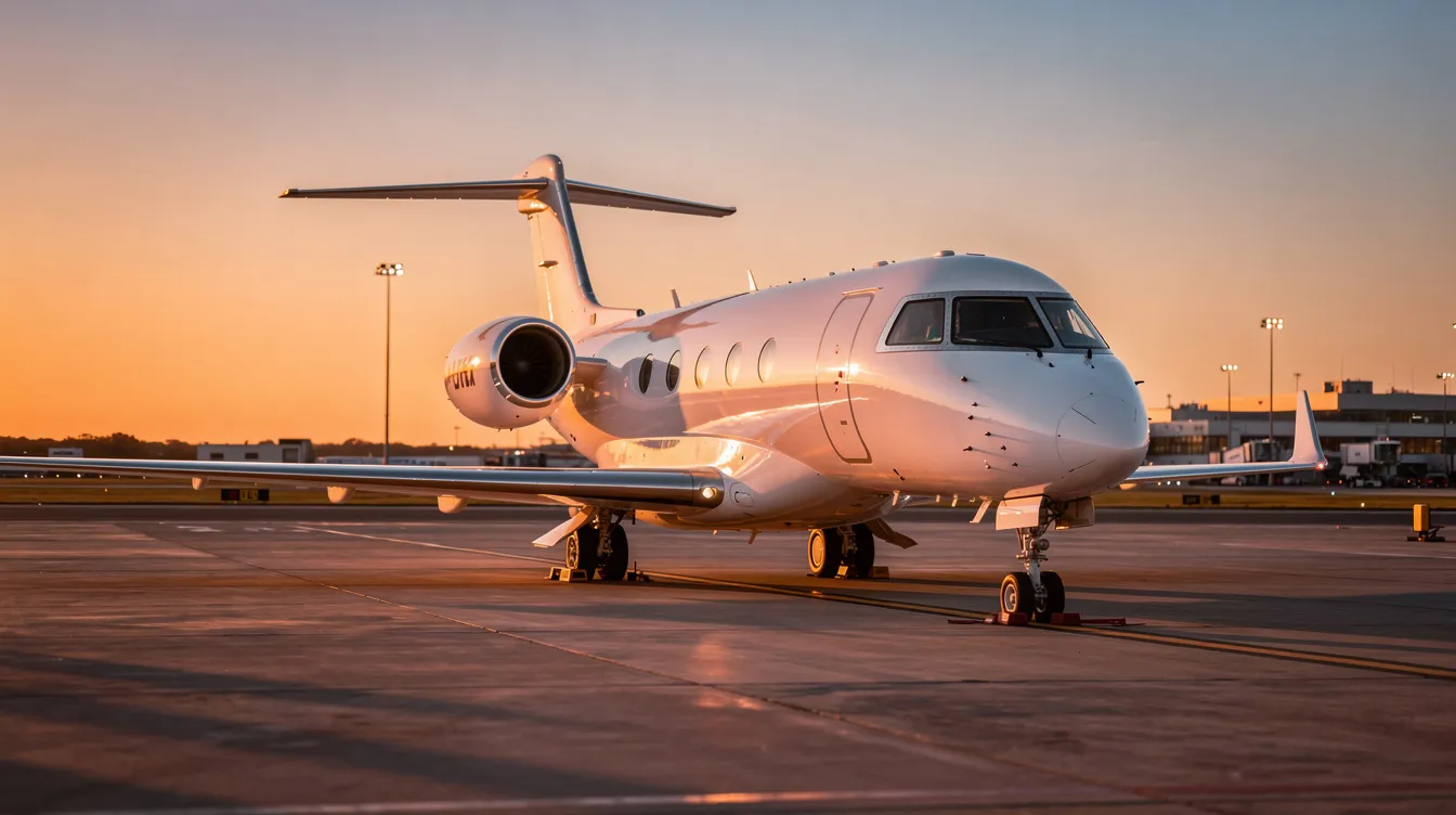 A sleek white private jet, resembling a Cessna 206, is parked on an airport tarmac at sunset, bathed in warm golden light. The aircraft features fixed landing gear and a spacious cabin, ready for personal use or general aviation purposes.
