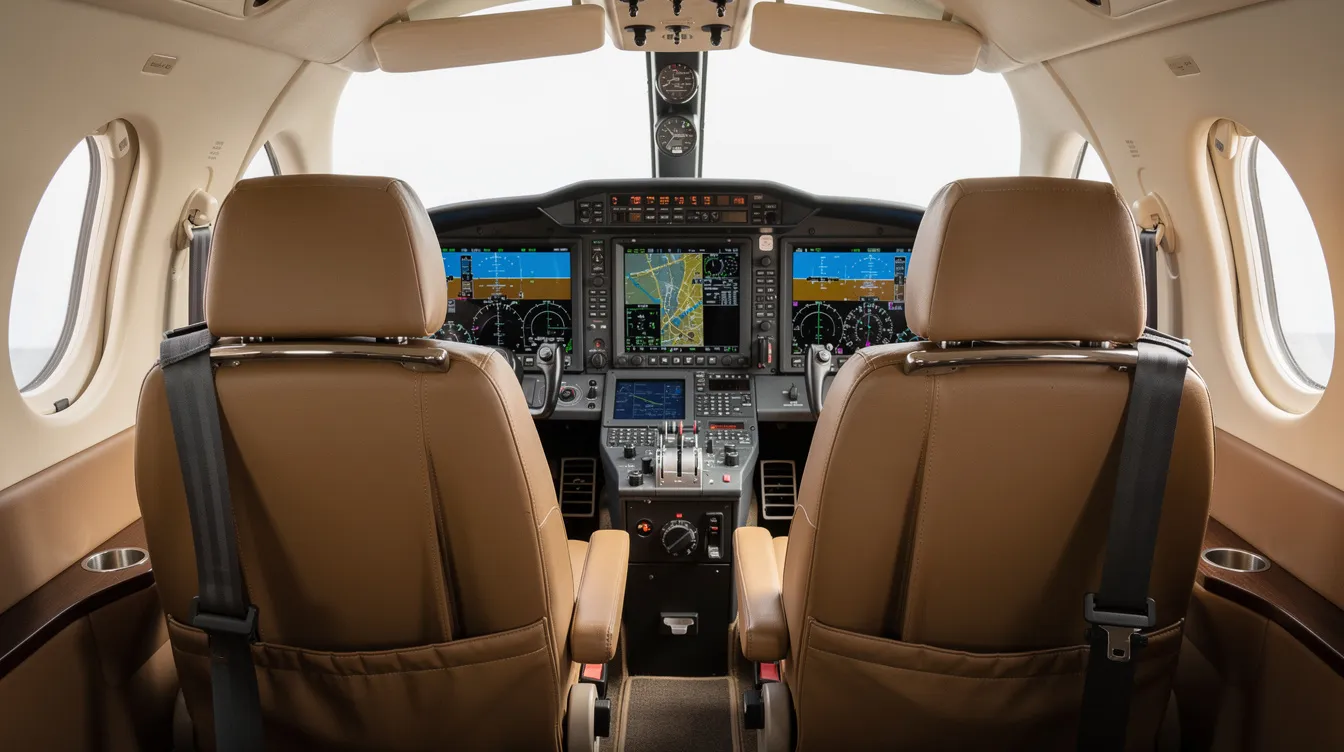 The image depicts the interior of a small aircraft cabin featuring luxurious leather seats designed for five passengers, alongside a modern instrument panel equipped with advanced avionics displays. This general aviation aircraft, resembling a Cessna 206, showcases a spacious and comfortable environment ideal for personal use or utility purposes.
