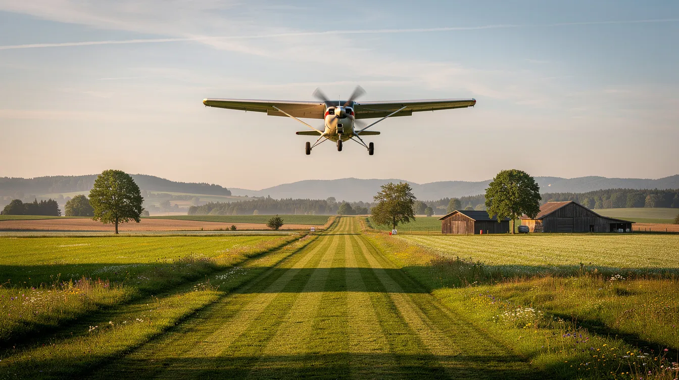 A small single-engine Cessna aircraft is approaching for landing on a grassy runway in a rural area, showcasing its fixed landing gear and rugged construction. The plane is designed for general aviation and personal use, with the capacity to carry five passengers comfortably.