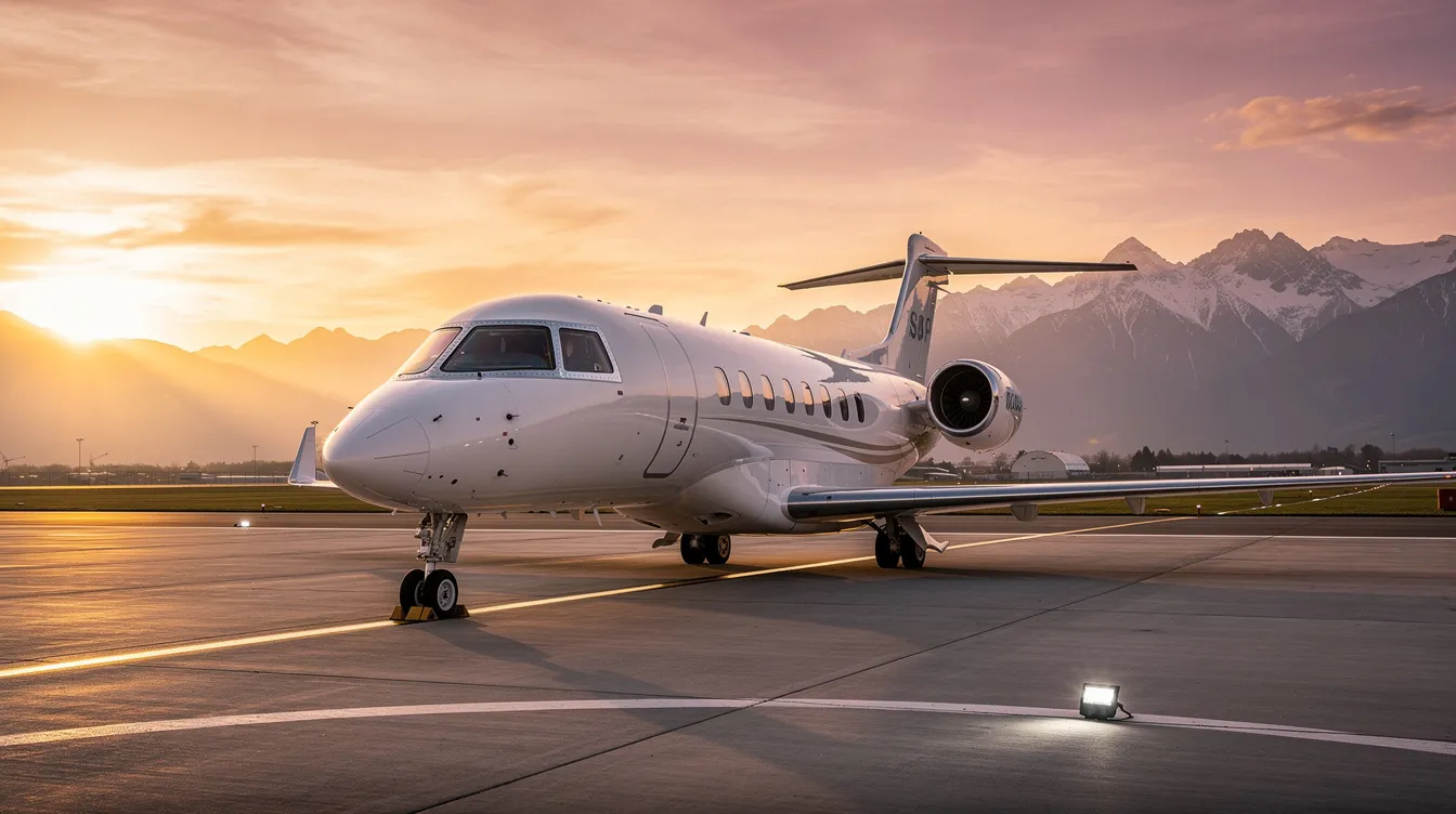 A modern private jet with sleek lines is parked on a runway at sunset, casting a warm glow over the scene, while majestic mountains rise in the background. The aircraft, in perfect condition, symbolizes high performance and luxury, making it an ideal choice for pilots seeking a comfortable flying experience.