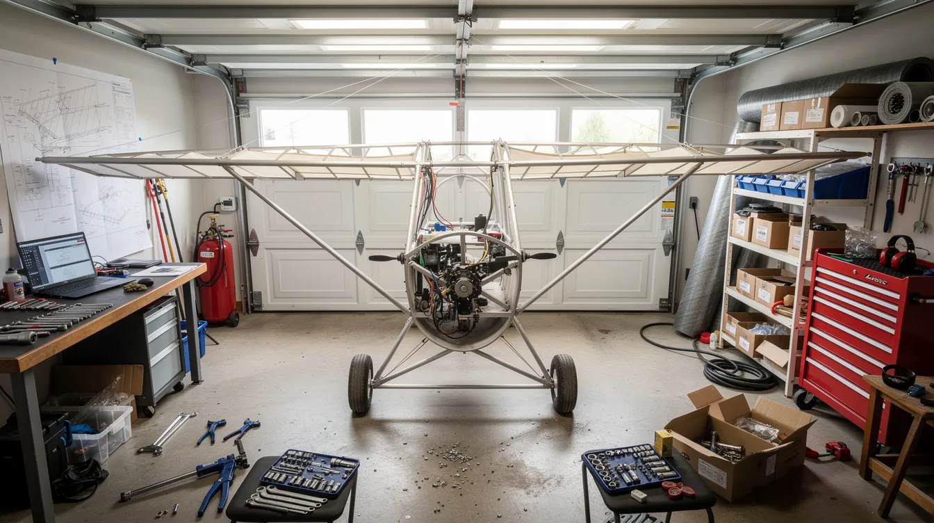 The image shows a partially assembled ultralight aircraft kit in a well-lit garage workshop, featuring components like the wing, control surfaces, and a steerable tail wheel. This high-performance kit, suitable for pilots and enthusiasts, is designed for easy assembly and offers an exciting opportunity to build a light sport aircraft.